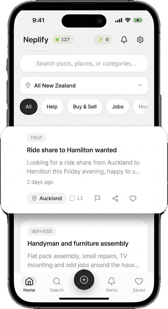 The Neplify app showing a live community feed of local notices